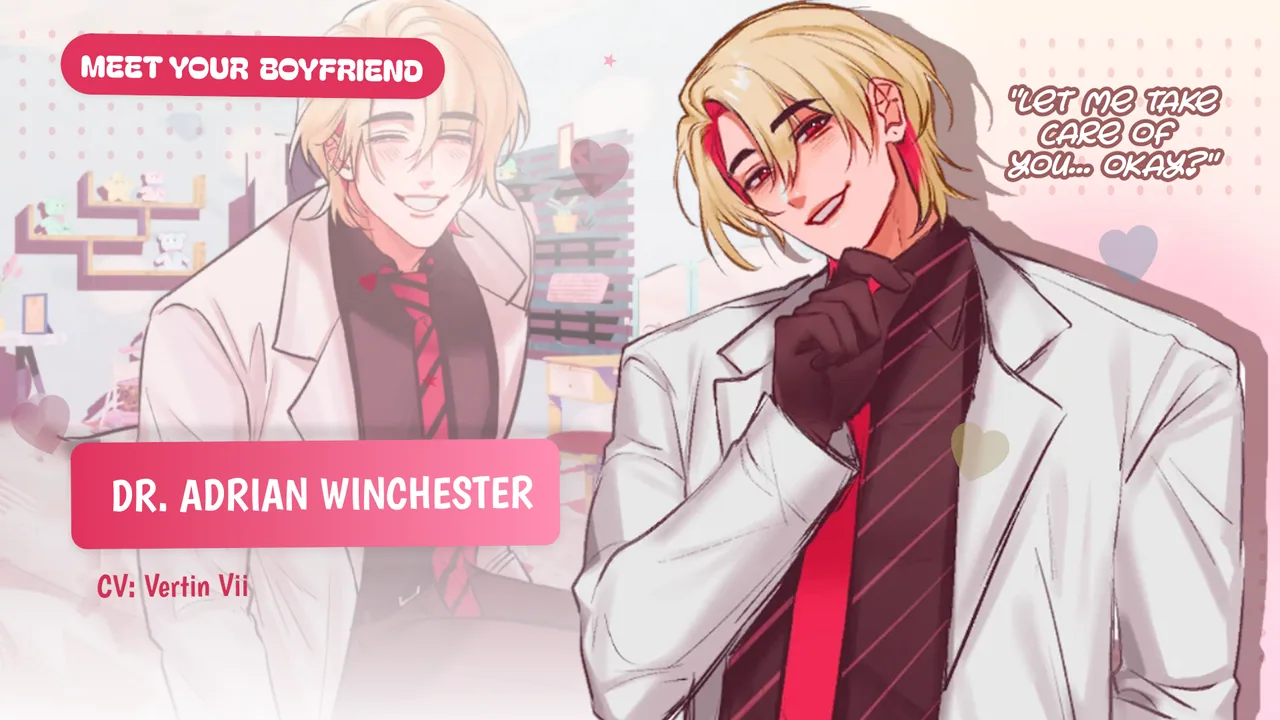 Helping Your Boyfriend character card introducing Adrian in the clinic