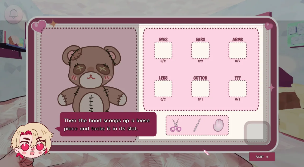 A doll-workspace minigame with tools and instructions.