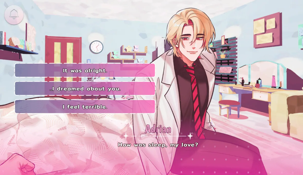 A dialogue scene offers three labelled responses.